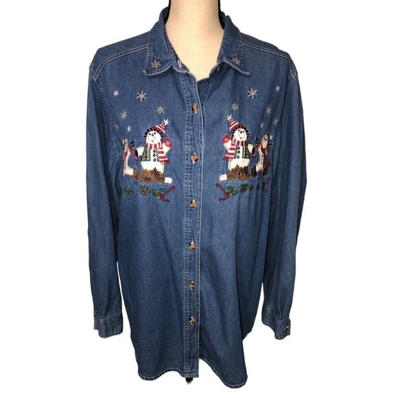 Bobbie Brooks Size Large Shirt Snowman Christmas Embroidered Denim Blue Shacket - Picture 1 of 10
